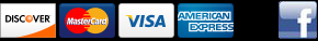 Icons for Discover Card, MasterCard, Visa, American Express, and Facebook (link to Facebook)